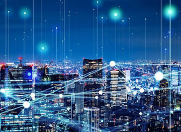 City at night with network map overlaid