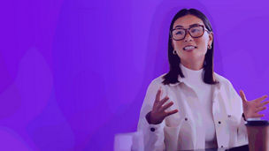 Illustration of woman speaking on purple background