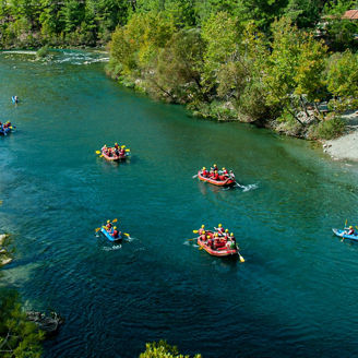 Rowboats tied up along a quiet riverbank