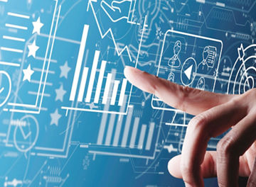 content marketing concept with person hand using a smart computer on blue background