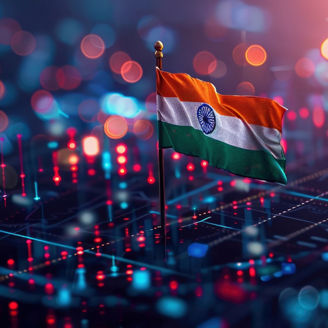 Small Indian flag on a pole placed on a surface with glowing red and blue lights, with a blurred background of colorful circular light patterns