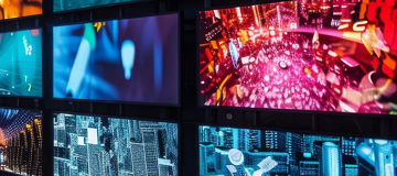 Wall of televisions displaying various colorful broadcasts