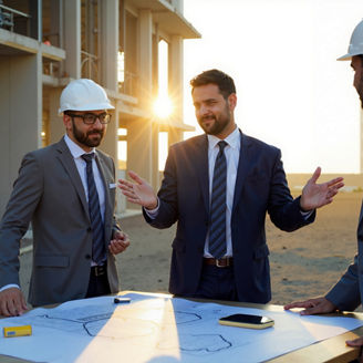 Collaborative Team of Indian Engineers Reviewing Blueprints at Urban Job Site