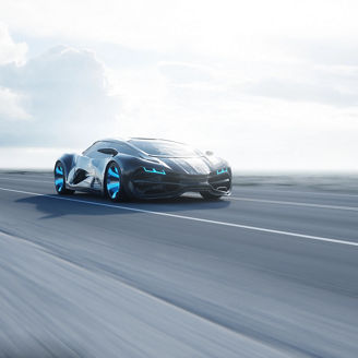 black futuristic electric car on highway in desert. Very fast driving. Concept of future. 3d rendering.
