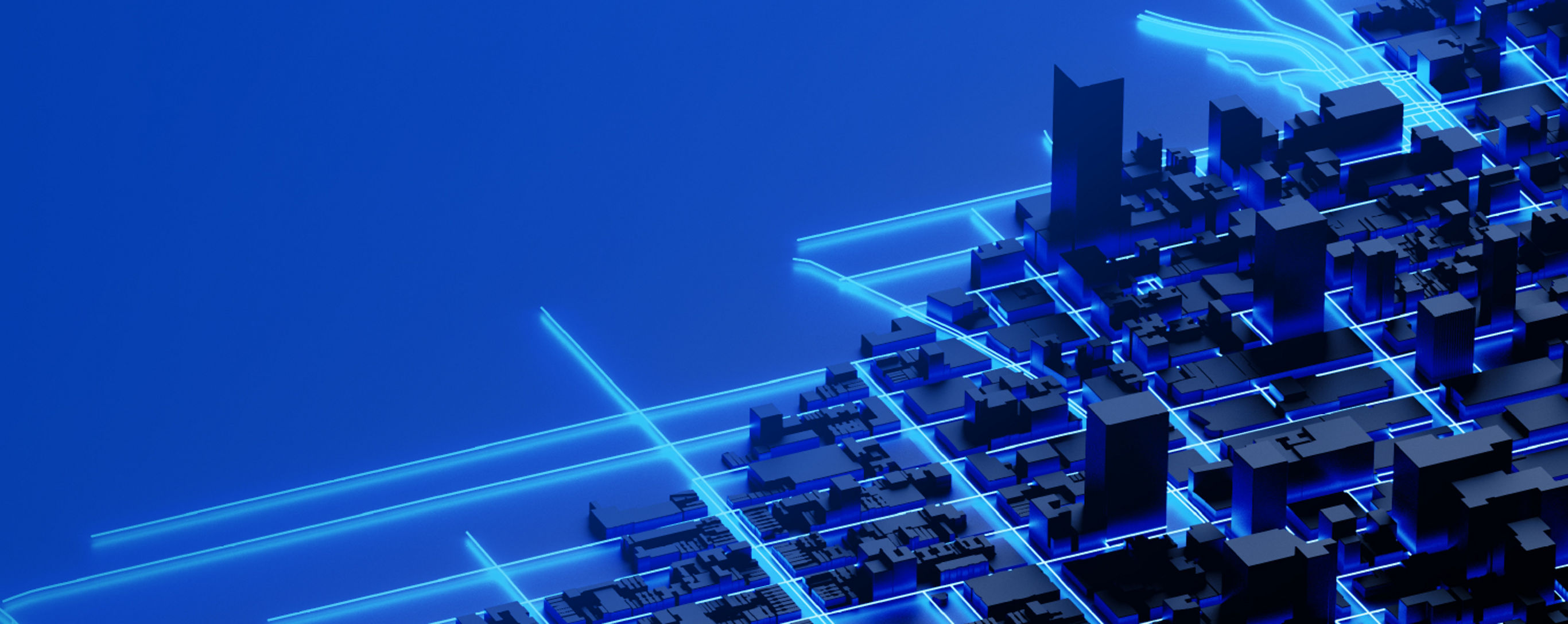 Industry 3D digital city model buildings with glowing blue streets