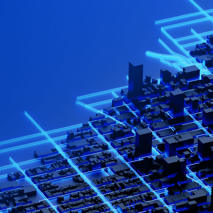 Industry 3D digital city model buildings with glowing blue streets