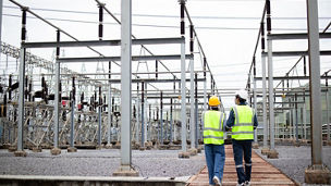 An engineer is working at high voltage substation wearing safety gear and reflective vest while inspecting electrical equipment in industrial outdoor environment