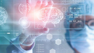 A medical staff in a white gown, wearing a disposable cap, mask and glasses, reaching out to grab floating hologram of medical information and brain