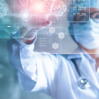 A medical staff in a white gown, wearing a disposable cap, mask and glasses, reaching out to grab floating hologram of medical information and brain