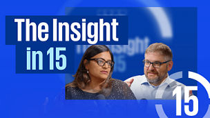 Two speakers with microphones in conversation against a blue background with the text ‘The Insight in 15’