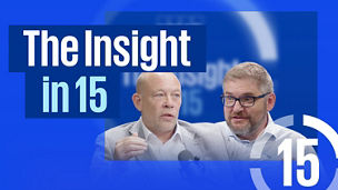 The Insight in 15 branding with two people in conversation against a blue background