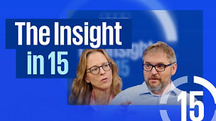 The Insight in 15 branding featuring two people discussing a topic on a blue blue background