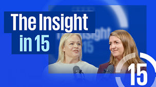 Two speakers with microphones in conversation against a blue background with the text ‘The Insight in 15’