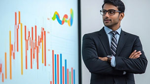 An Indian business leader giving a presentation with growth charts and projections, showcasing successful business expansion and future growth in India