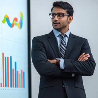 An Indian business leader giving a presentation with growth charts and projections, showcasing successful business expansion and future growth in India