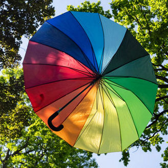 Das Bild zeigt einen bunten Regenschirm, der von unten gegen einen Hintergrund aus grünen Bäumen und blauem Himmel fotografiert wurde. Der Schirm ist in einem Regenbogenmuster gestaltet, mit Farben von Rot über Orange, Gelb, Grün bis hin zu Blau. Die Sonne scheint durch die Blätter der Bäume und erzeugt einen hellen, strahlenden Effekt auf dem Schirm. Der schwarze Griff des Schirms ist sichtbar und hebt sich gegen die lebendigen Farben ab.