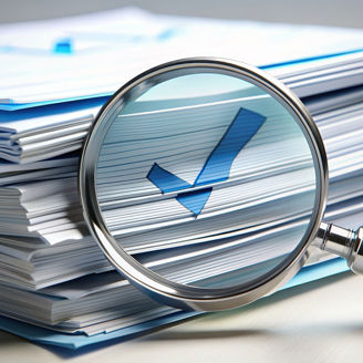 Magnifying Glass Reveals Checkmark on Stack of Papers, checkmark, magnifying glass, documents, audit