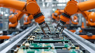 Precision of Robotic Arms in Installing Components on Circuit Boards at Automated Assembly Line. Concept Robotic Arms, Automated Assembly, Precision Engineering, Circuit Board Components