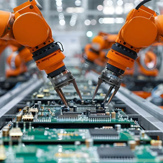 Precision of Robotic Arms in Installing Components on Circuit Boards at Automated Assembly Line. Concept Robotic Arms, Automated Assembly, Precision Engineering, Circuit Board Components