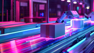 Cardboard boxes moving along a conveyor system with a robotic arm nearby, illuminated by pink and blue lighting in an industrial setting