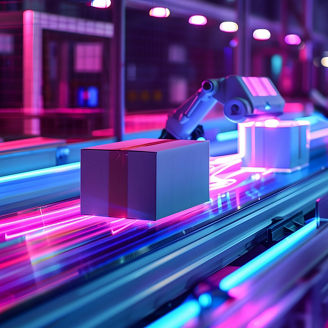 Cardboard boxes moving along a conveyor system with a robotic arm nearby, illuminated by pink and blue lighting in an industrial setting