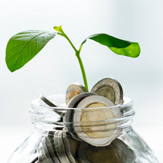 Green economy jar with money and growing plant
