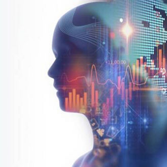 Side profile silhouette of a human overlaid with digital financial charts, graphs, and a global map
