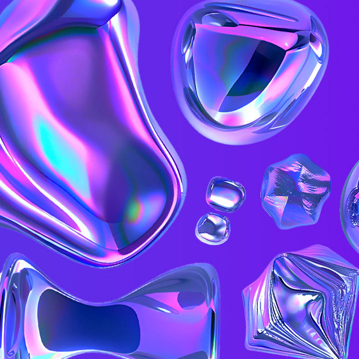 Glossy iridescent shapes on a blue to purple gradient background banner