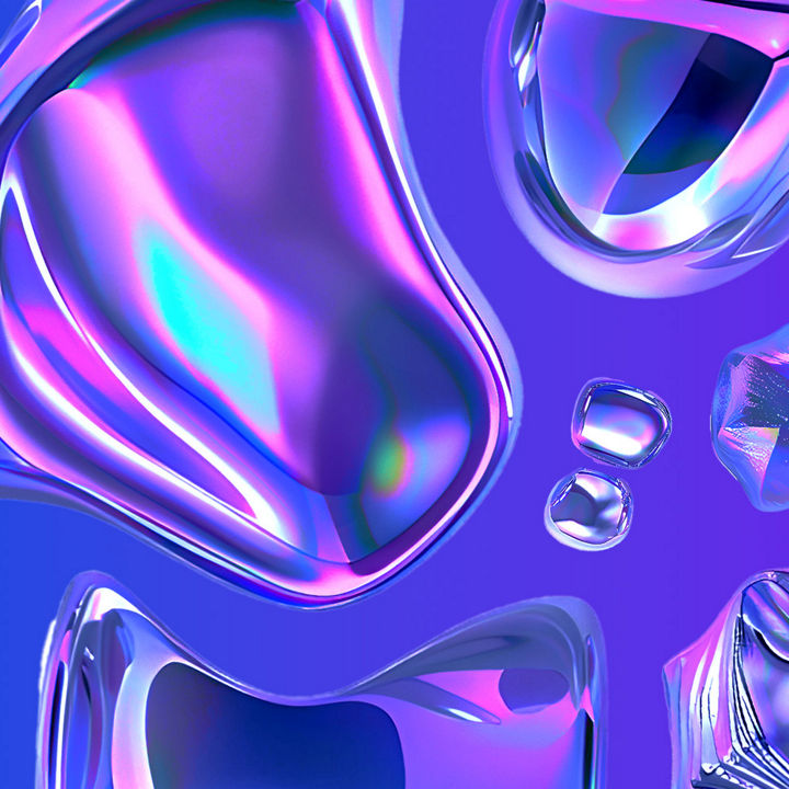 Glossy iridescent shapes on a blue to purple gradient background