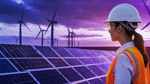 Woman at solar panels and windmills