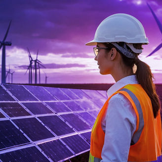 站在太陽能面版前的女性工人