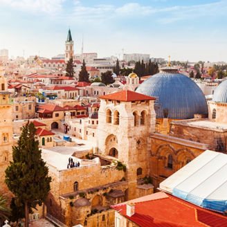 Old City of Jerusalem with the aerial view. View of the Church of the Holy Sepulchre, Israel.