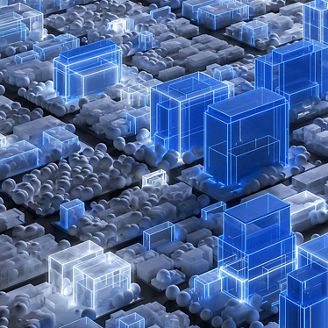 Aerial view of futuristic abstract city simulation with abstract buildings illuminated by white and blue laser lights. Smart city, urban planning, metaverse. BIM and facility management. Dark background. Digitally generated image. Copy space.