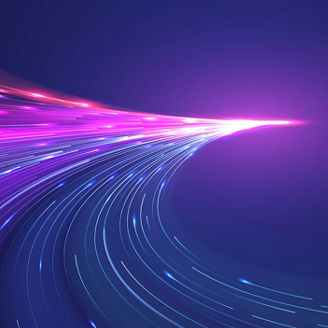 Abstract image of curved light trails in shades of purple, pink, and blue, flowing from left to right across a dark gradient background