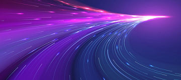 Abstract image of curved light trails in shades of purple, pink, and blue, flowing from left to right across a dark gradient background