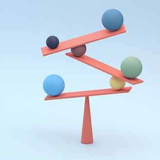 Three coral-colored beams balanced on a cone-shaped stand, with several colored spheres placed along the beams against a light blue background