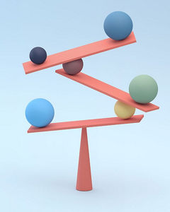Three coral-colored beams balanced on a cone-shaped stand, with several colored spheres placed along the beams against a light blue background