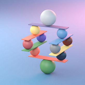 Stacked colorful spheres and flat rectangular boards arranged in a balanced structure against a soft blue‑to‑pink gradient background