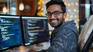 A smiling Indian man sitting in front of two computer monitors while debugging code, A smiling Indian man debugging code on multiple computer screens