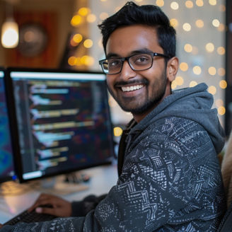 A smiling Indian man sitting in front of two computer monitors while debugging code, A smiling Indian man debugging code on multiple computer screens