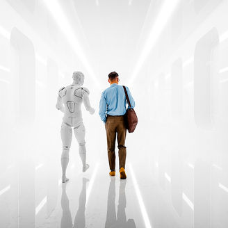 Young businessman with Ai avatar walking in futuristic corridor. 3D generated image.