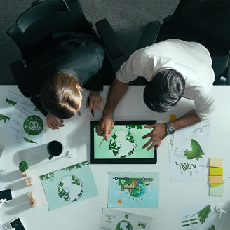 Two people seated at a table