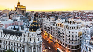 Panoramic aerial view of Gran Via, main shopping street in Madrid, capital of Spain, Europe.