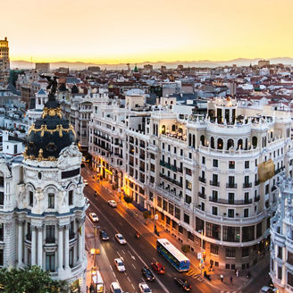 Panoramic aerial view of Gran Via, main shopping street in Madrid, capital of Spain, Europe.