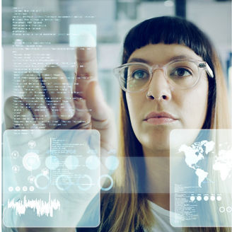 Cropped shot of an attractive young businesswoman working on futuristic, touchscreen technology in her office