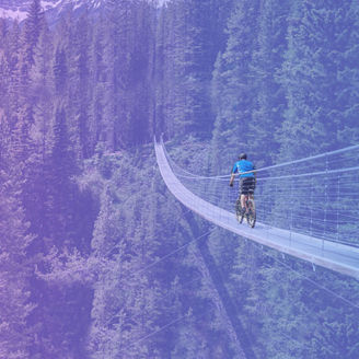 Japanese alt text: 山の中のつり橋を自転車で渡る人