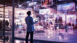 Japanese alt text: 大画面を操作する男性