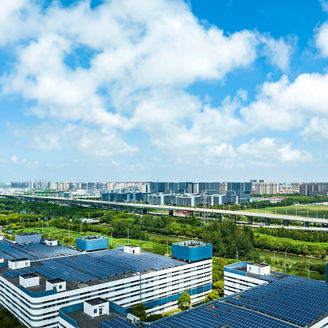 Aerial view of solar panels on manufacturing factory building roof at Shanghai free trade zone,China.