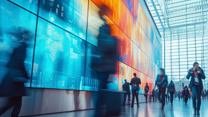 Fast movement and blurred business people in a bustling corporate lobby