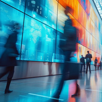 Fast movement and blurred business people in a bustling corporate lobby